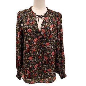 Old Navy Black Floral Blouse Women Small Long Sleeve Boho Cottagecore Workwear